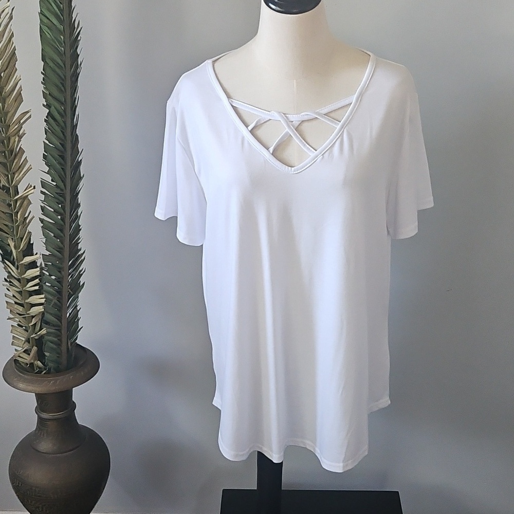White Crisscross V-Neck Top NWOT